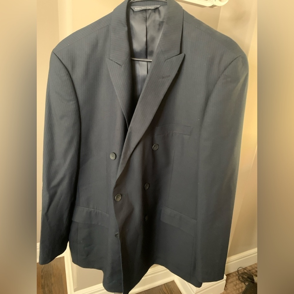 Men’s 46R Perry Ellis Portfolia Blue stripe suit. Pant size 39”x32”